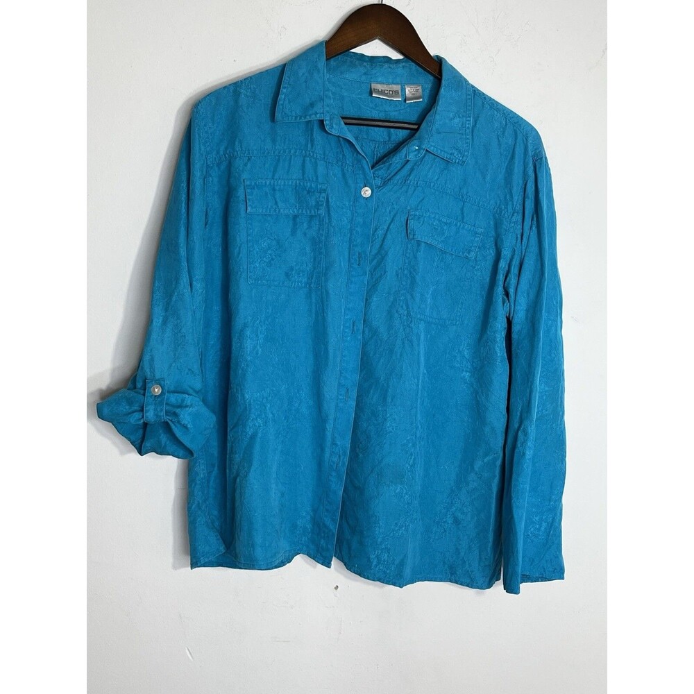 Chico's SILK Mountain Ridge Blue Roll Tab Woven Leaf Sleeve Button Down 2 L (13)